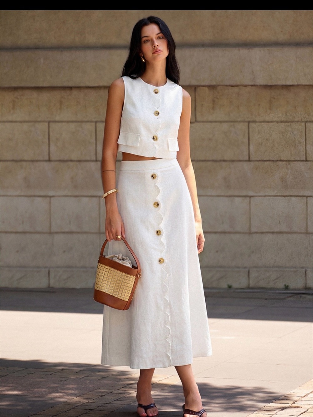 Commense Cotton Linen Scalloped Trim Vest and Skirt Set -NWT